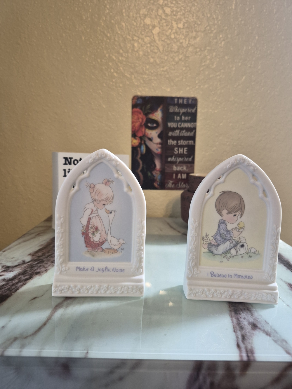 Precious Moments White Ceramic Figurine Plaque Pair